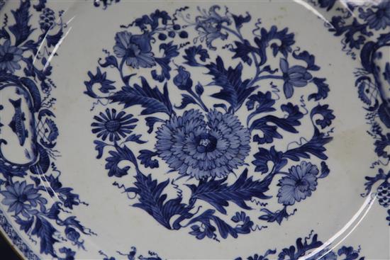 A Chinese export blue and white circular dish, Kangxi / Yongzheng period, 41cm, restorations